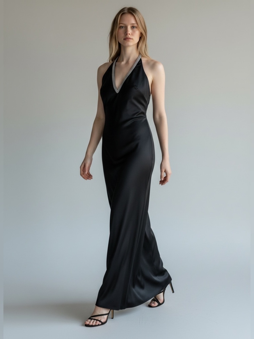 Vintage 90s Long Black Formal Evening Gown Beaded Halter Neck Dress Size 4